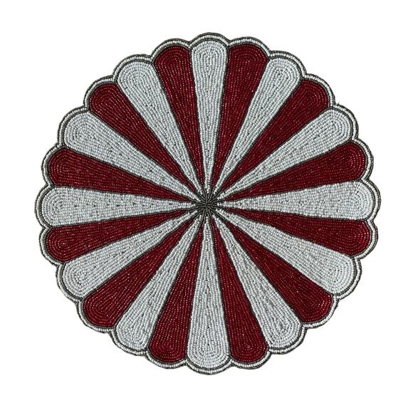 TIRAMISU Hand Beaded Placemat Charger 15in Holiday Red & White Candy Stripe NEW - Picture 11 of 12